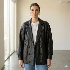 Vintage black leather oversized double breasted jacket - size 2 (Small)